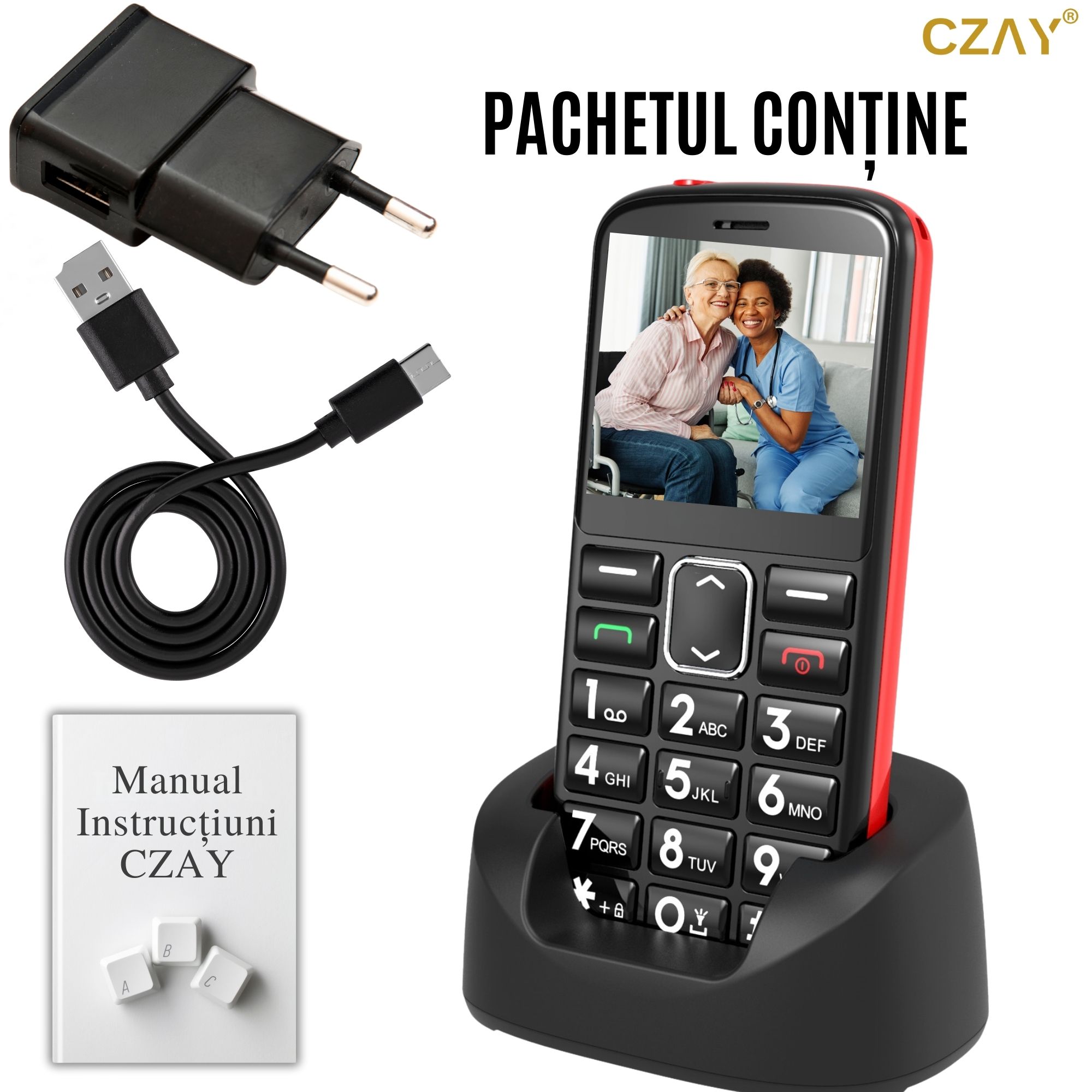 Telefon Mobil Seniori Taste Mari CZAY®, Meniu Limba Romana, Ecran Foarte mare, Camera Foto,Volum Puternic, 2G,Lanterna - 1 | YEO