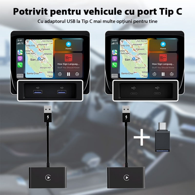 Adaptor Wireless Techstar® CTHT-020-2 Pentru Apple CarPlay Si iPhone iOS 10+, Dongle USB-Type C , WiFi 5G, Bluetooth - 3 | YEO