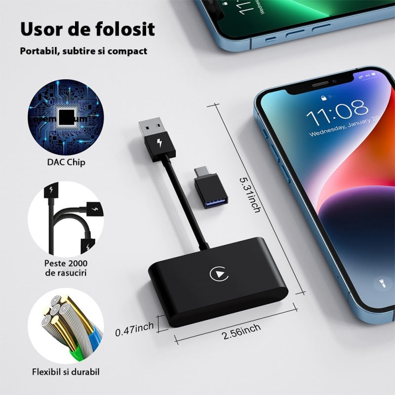 Adaptor Wireless Techstar® CTHT-020-2 Pentru Apple CarPlay Si iPhone iOS 10+, Dongle USB-Type C , WiFi 5G, Bluetooth - 4 | YEO