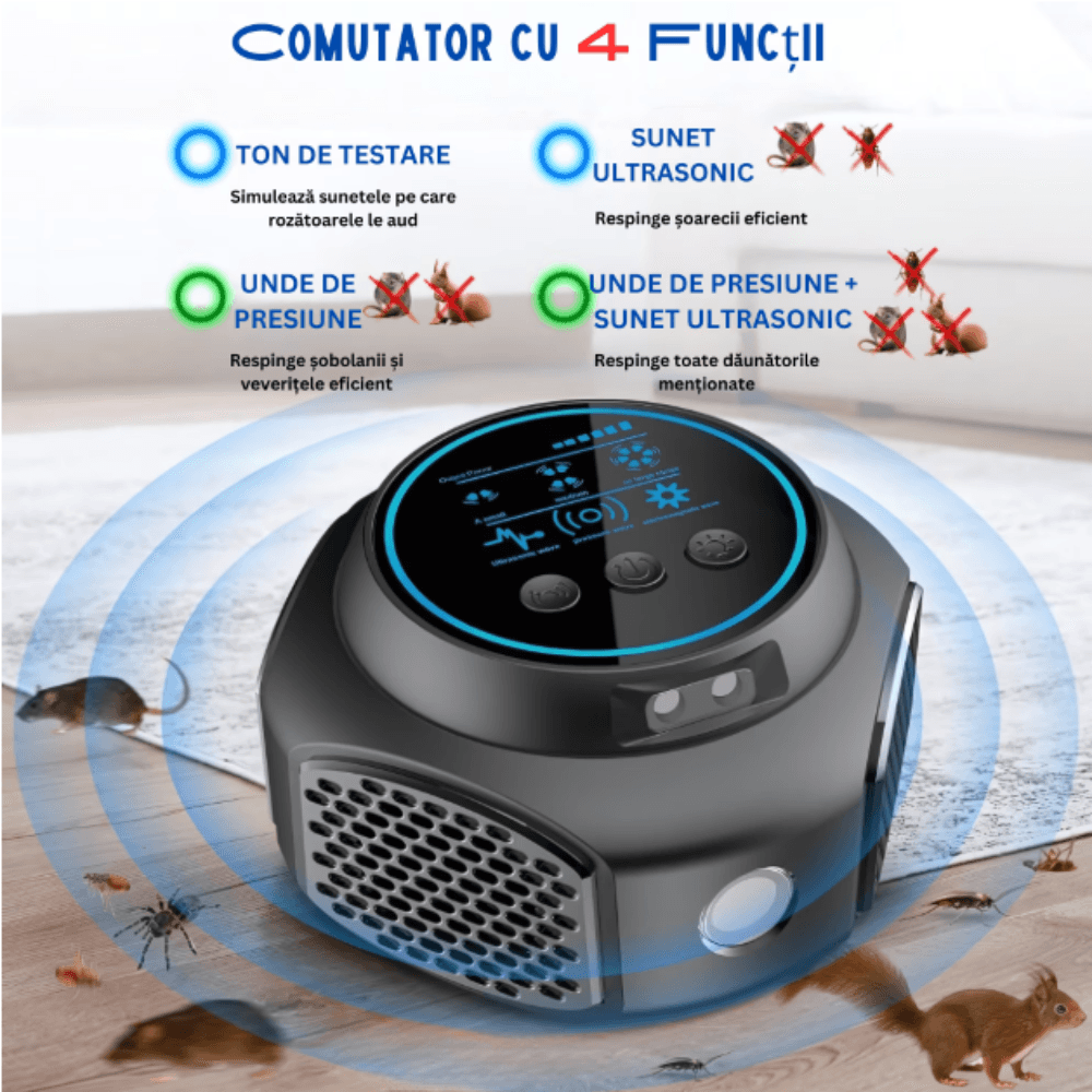 Aparat Ultrasunete BIRAI BR04, 4 Difuzoare, Lumini, Anti Rozatoare/Insecte, 20-65kHz, 360°, 320mp, Negru — imaginea 8