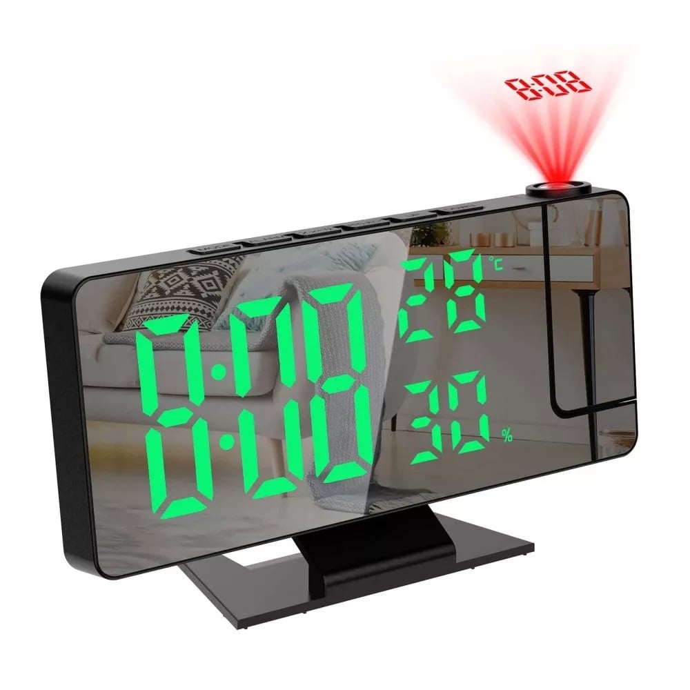 Ceas de masa, DS-3718LW, afisaj si proiectie rosie, efect oglinda, alarma, temperatura, umiditate, Negru/Verde