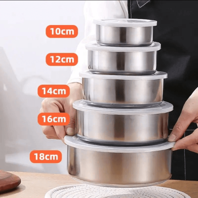 Set 5 caserole din inox, fiecare cu capac, 5 dimensiuni