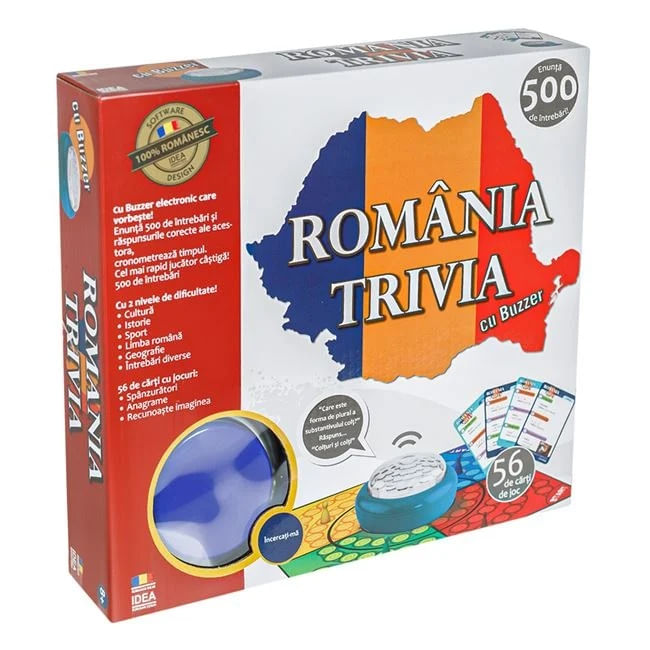 Joc de societate „Romania Trivia” cu buzzer care vorbeste, enunta 500 intrebari, varsta 8+ ani, multicolor