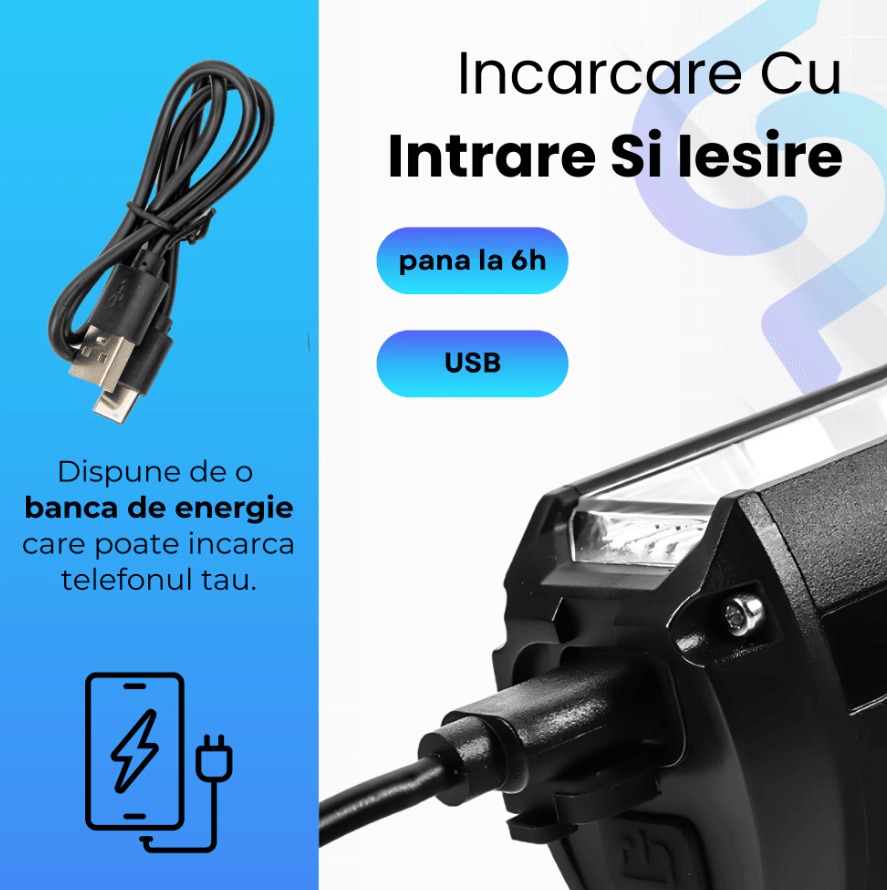 Lumina frontala profesionala bicicleta, luminozitate 1000 lumeni, baterie interna 2000 mAh, incarcare USB, negru - 3 | YEO