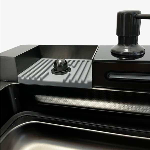 Chiuveta bucatarie multifunctionala, Dus Extractabil, Tocator Lemn, LCD Temperatura, 2 Jeturi Apa, Negru, 75x46 cm — imaginea 2