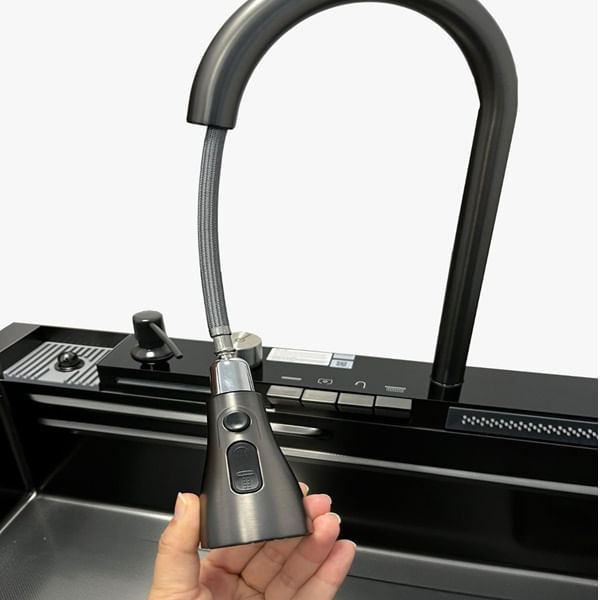 Chiuveta bucatarie multifunctionala, Dus Extractabil, Tocator Lemn, LCD Temperatura, 2 Jeturi Apa, Negru, 75x46 cm — imaginea 3