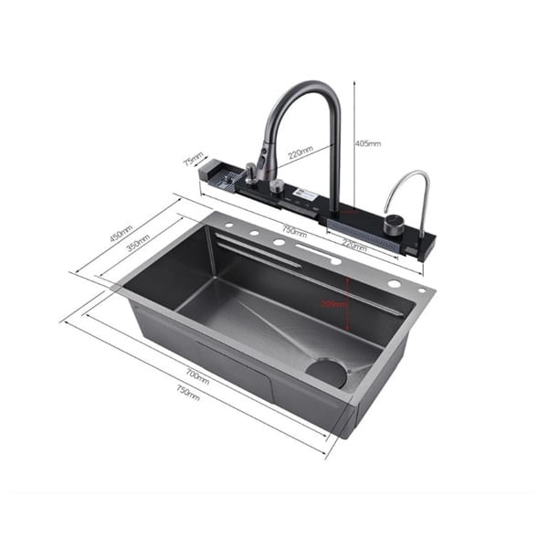 Chiuveta bucatarie multifunctionala, Dus Extractabil, Tocator Lemn, LCD Temperatura, 2 Jeturi Apa, Negru, 75x46 cm — imaginea 4