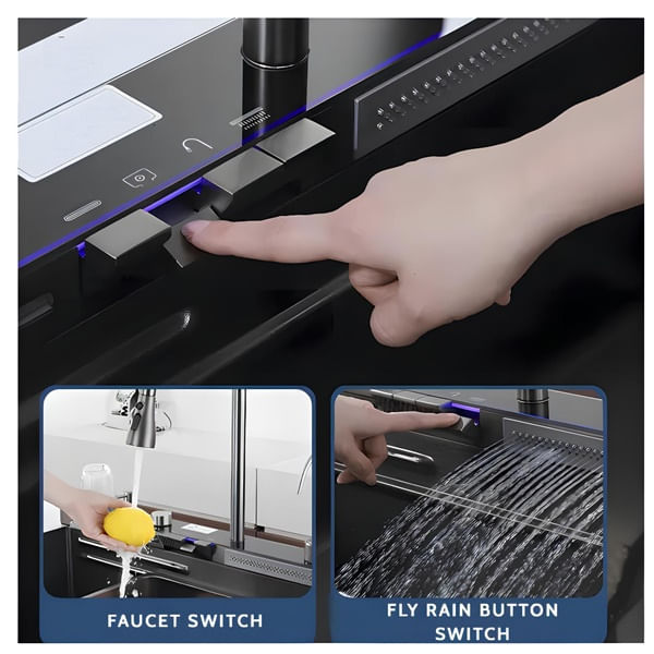 Chiuveta bucatarie multifunctionala, Dus Extractabil, Tocator Lemn, LCD Temperatura, 2 Jeturi Apa, Negru, 75x46 cm — imaginea 5