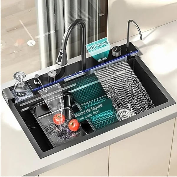 Chiuveta bucatarie multifunctionala, Dus Extractabil, Tocator Lemn, LCD Temperatura, 2 Jeturi Apa, Negru, 75x46 cm — imaginea 6