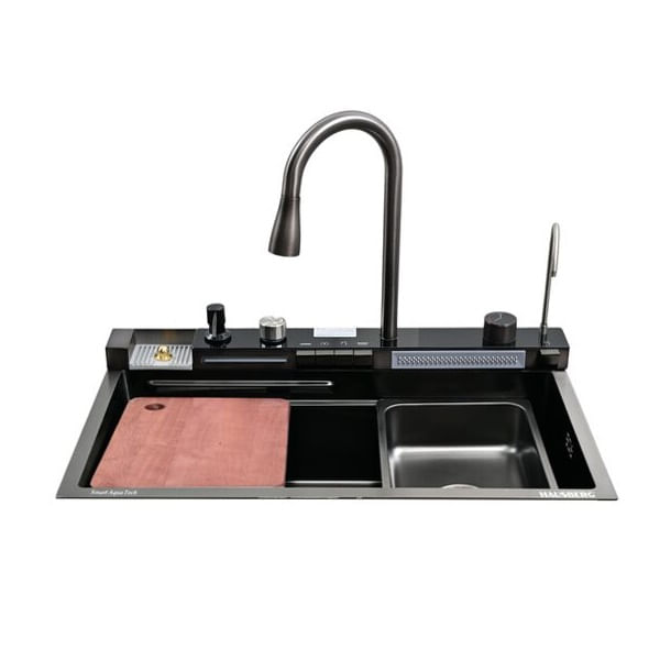 Chiuveta bucatarie multifunctionala, Dus Extractabil, Tocator Lemn, LCD Temperatura, 2 Jeturi Apa, Negru, 75x46 cm — imaginea 7