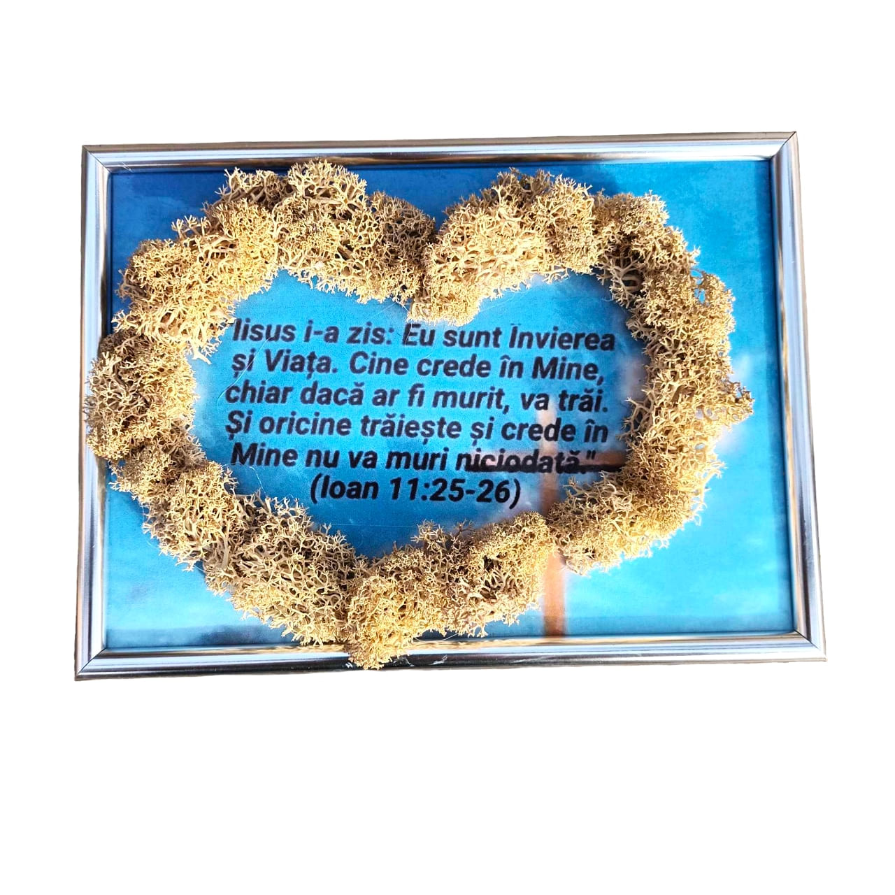 Decoratiune pentru interior, tablou cu licheni, verset biblic, Ioan 11:25,26, 13x18 cm, crem