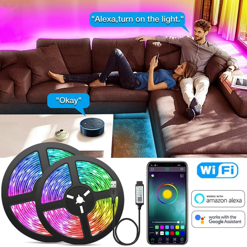 Kit banda LED RGB Smart WiFi Techstar®, SMD 5050, 5m, DC 5V, USB, Control Vocal, Compatibila cu Alexa Amazon si Google - 1 | YEO