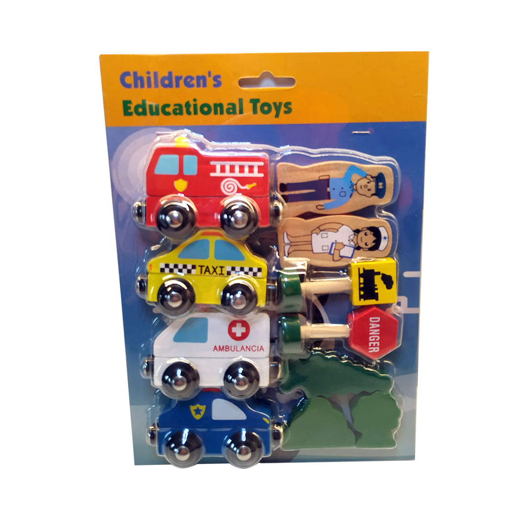 Set 4 masinute, Ambulanta, Taxi, Politie si Pompieri , 2 figurine, 2 semne de circulatie, decor, lemn, 3 ani+
