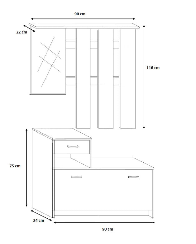 Set mobilier hol Filio, stejar alb cu usi albe, 90x22x116 cm