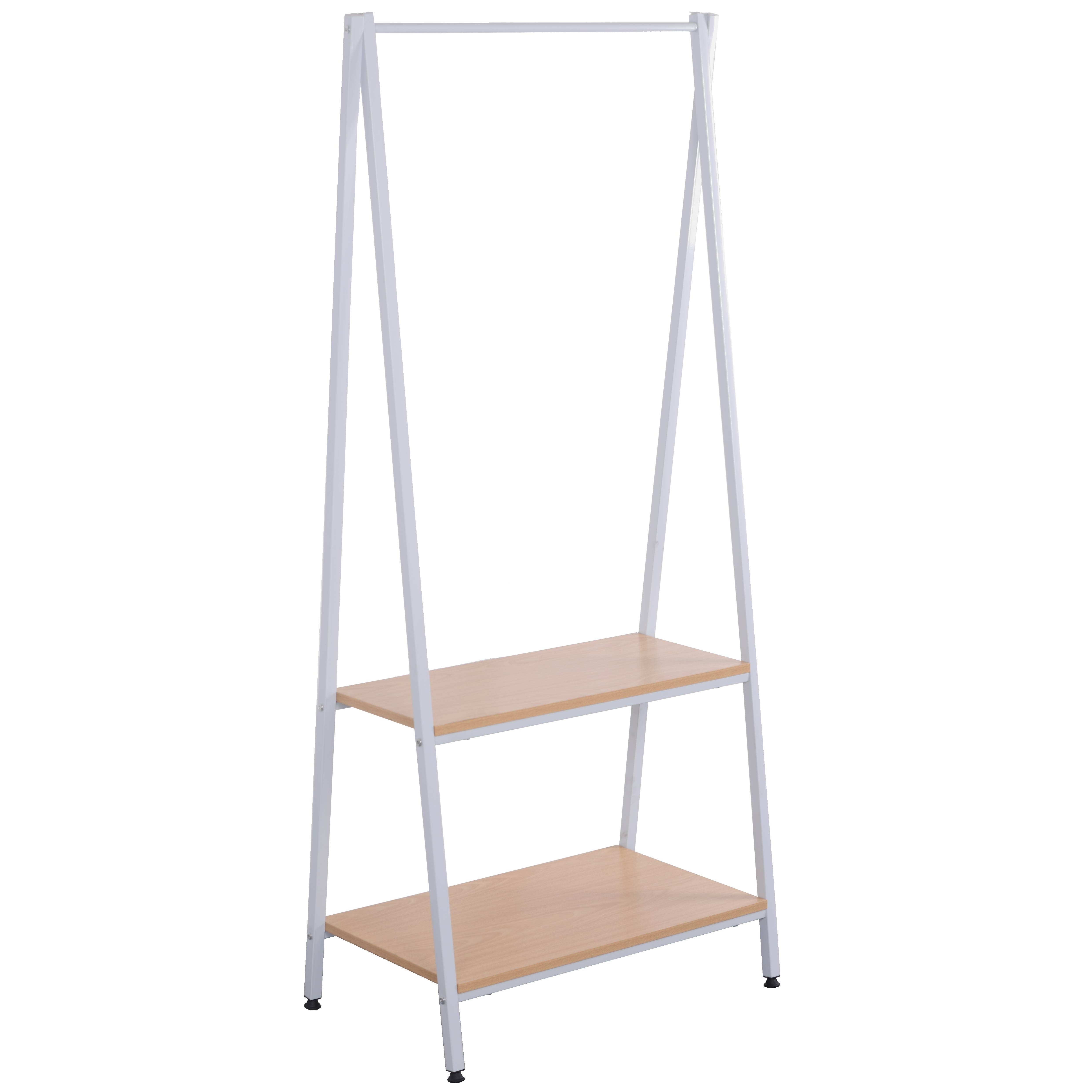 Suport haine metalic Herning, stejar alb si alb, 64x40x150 cm
