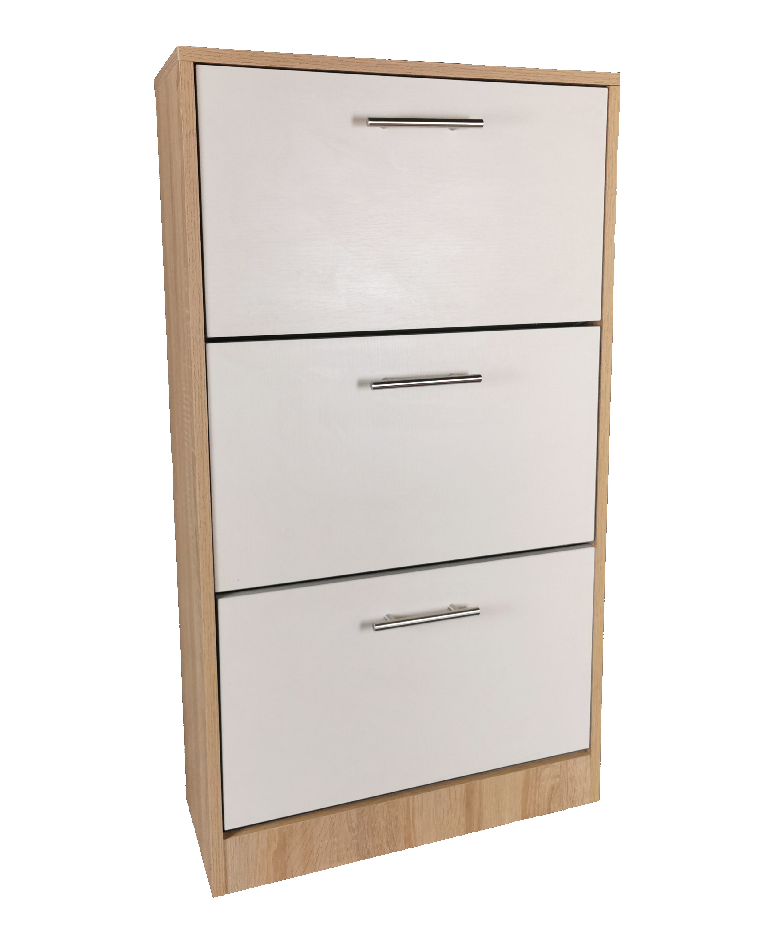 Pantofar Arezzo cu trei sertare, stejar alb si alb, 63x24x117 cm