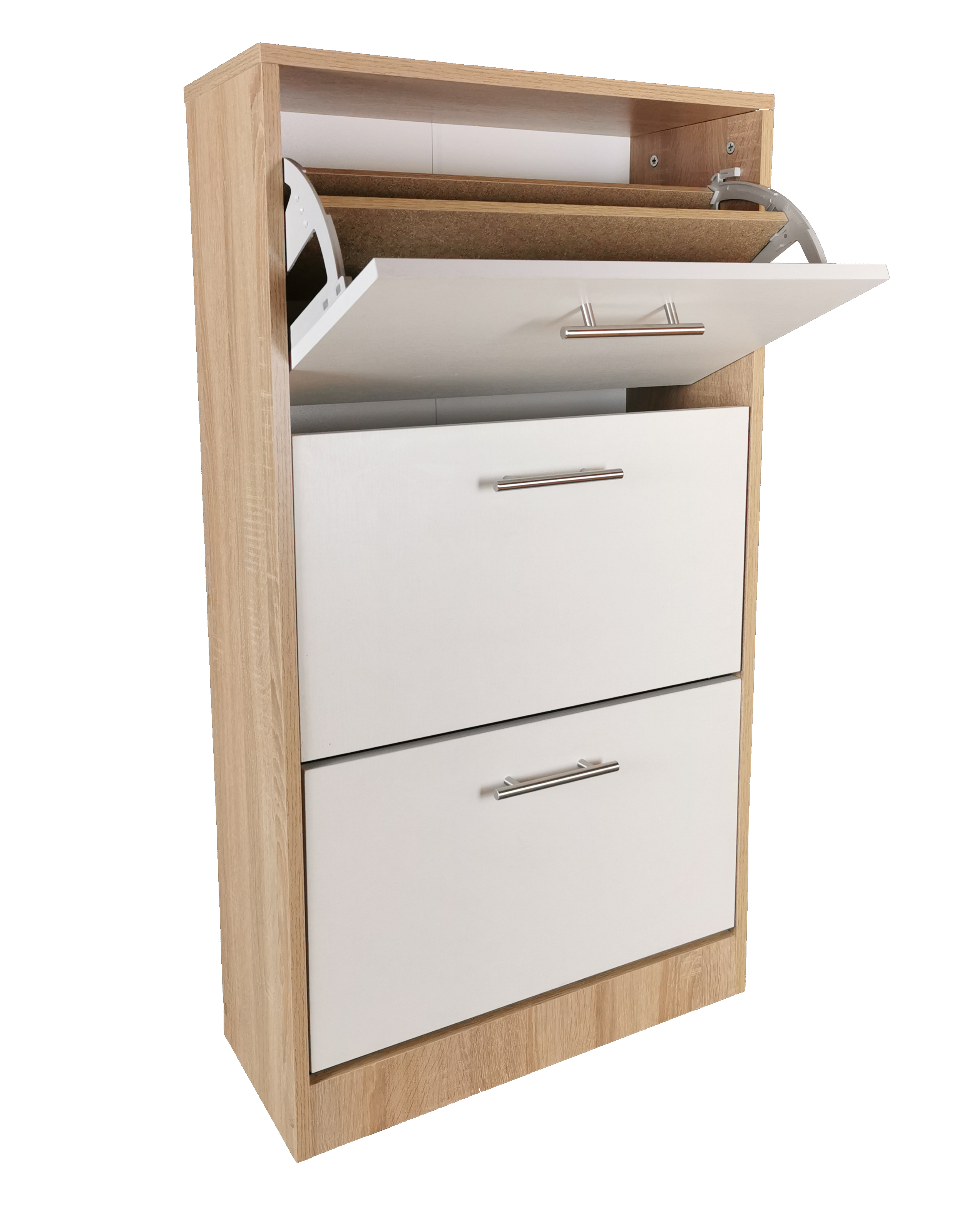 Pantofar Arezzo cu trei sertare, stejar alb si alb, 63x24x117 cm - 1 | YEO