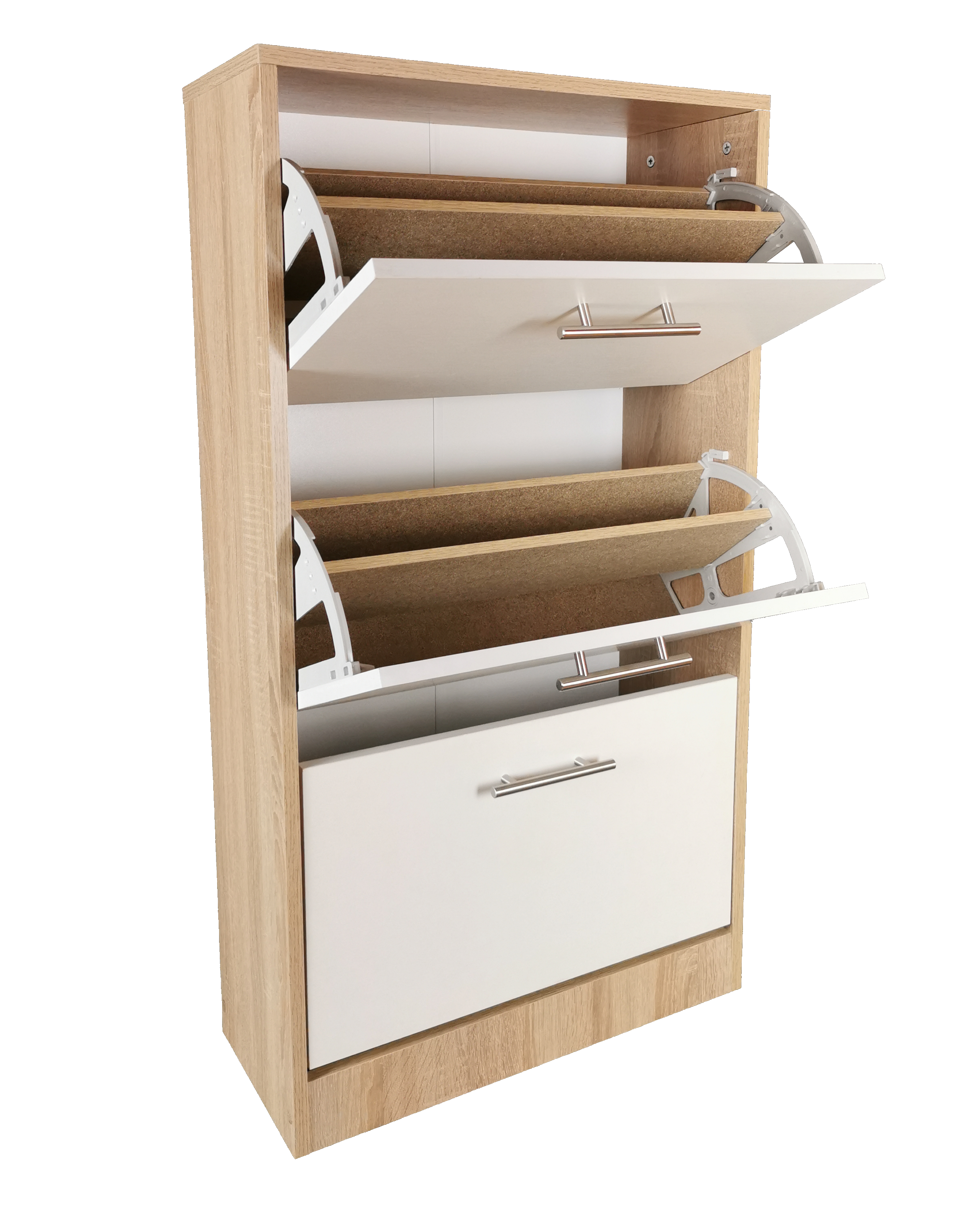Pantofar Arezzo cu trei sertare, stejar alb si alb, 63x24x117 cm - 3 | YEO