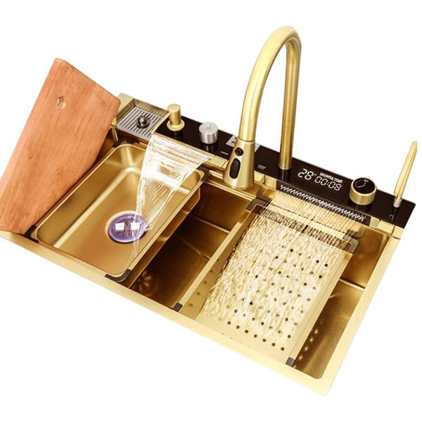 Chiuveta bucatarie multifunctionala, Dus Extractabil, Tocator Lemn, LCD Temperatura, 2 Jeturi Apa, Auriu, 75x46 cm — imaginea 2