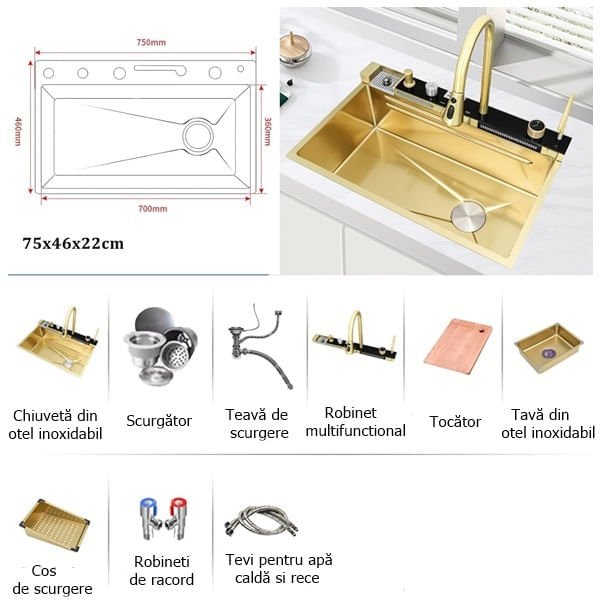 Chiuveta bucatarie multifunctionala, Dus Extractabil, Tocator Lemn, LCD Temperatura, 2 Jeturi Apa, Auriu, 75x46 cm — imaginea 4