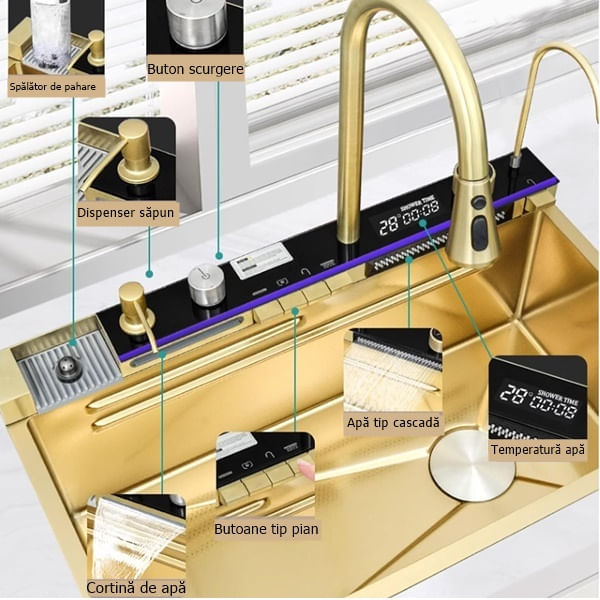 Chiuveta bucatarie multifunctionala, Dus Extractabil, Tocator Lemn, LCD Temperatura, 2 Jeturi Apa, Auriu, 75x46 cm — imaginea 6