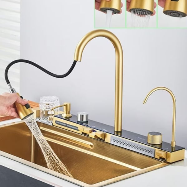 Chiuveta bucatarie multifunctionala, Dus Extractabil, Tocator Lemn, LCD Temperatura, 2 Jeturi Apa, Auriu, 75x46 cm — imaginea 7