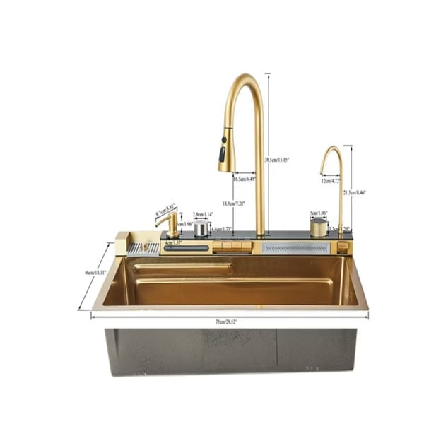Chiuveta bucatarie multifunctionala, Dus Extractabil, Tocator Lemn, LCD Temperatura, 2 Jeturi Apa, Auriu, 75x46 cm — imaginea 8