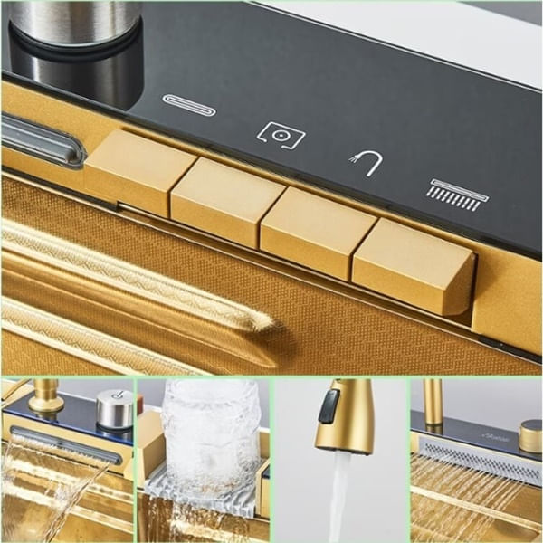 Chiuveta bucatarie multifunctionala, Dus Extractabil, Tocator Lemn, LCD Temperatura, 2 Jeturi Apa, Auriu, 75x46 cm — imaginea 9
