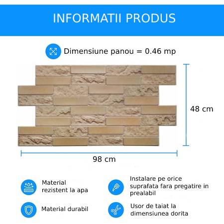 Panou decorativ PVC, brick, 98x48x0.3 cm