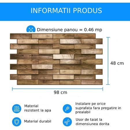 Panou decorativ PVC, lemn, 98x48x0.3 cm - 1 | YEO