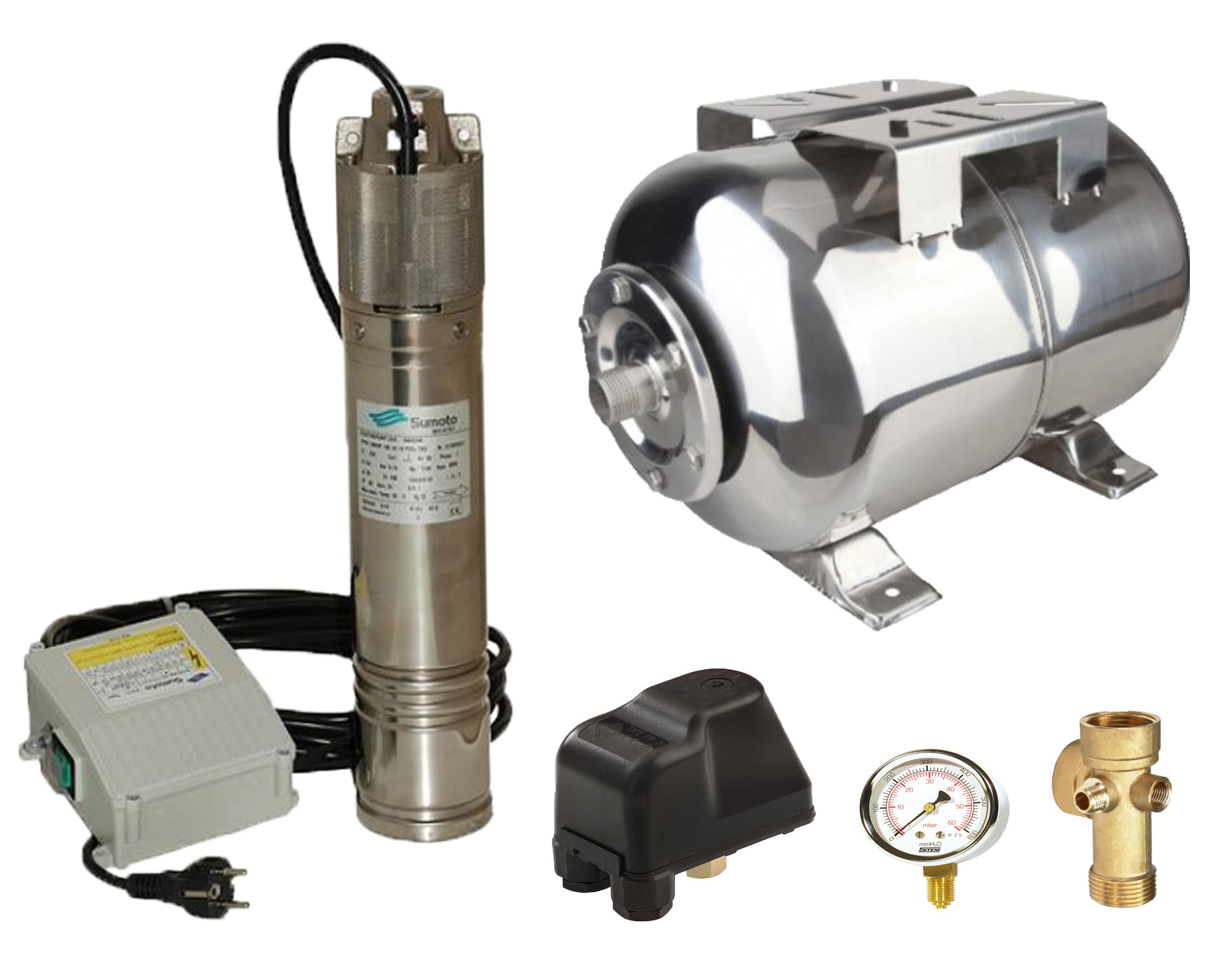 Kit complet sistem hidrofor, pompa submersibila apa curata SUMOTO SM0071/50I, rezervor de 50 litri din inox, presostat, racord 5 cai, manometru
