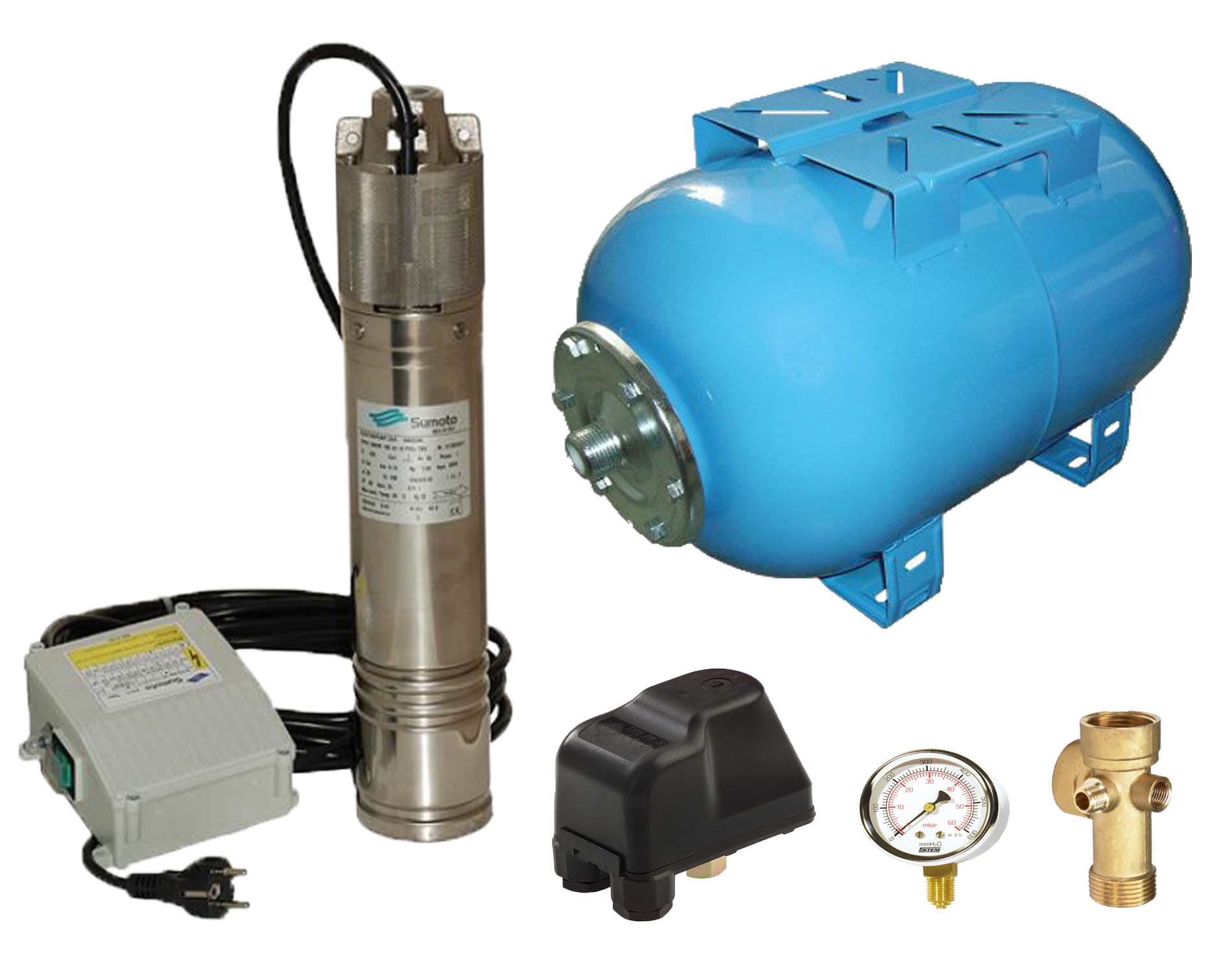 Kit complet sistem hidrofor, pompa submersibila SUMOTO ONKM150/24, rezervor 24L, presostat, racord 5 cai, manometru — imaginea 4