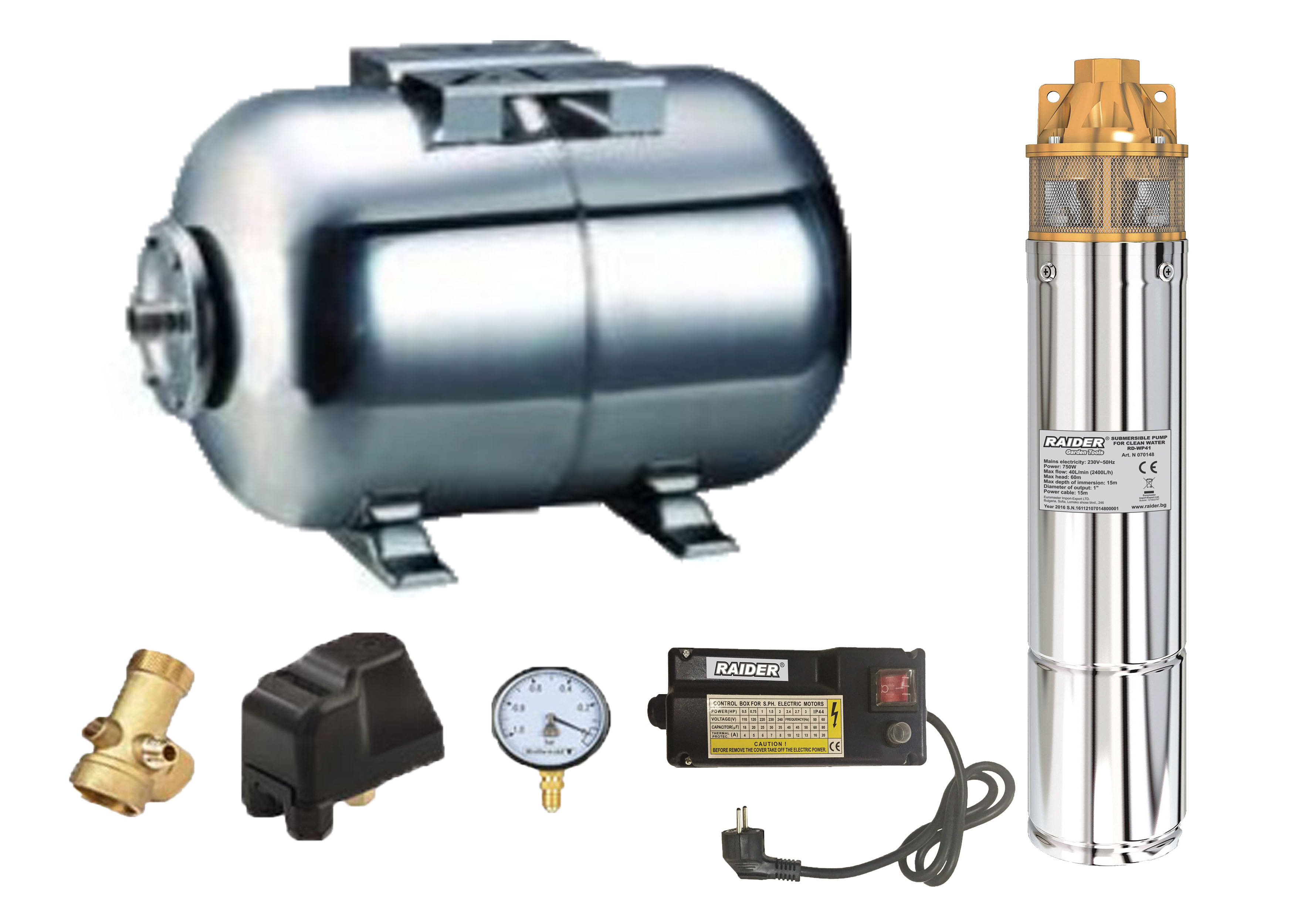 Kit complet sistem hidrofor, pompa submersibila Raider WP41/24, rezervor de 24 litri din inox, presostat, racord 5 cai, manometru — imaginea 3