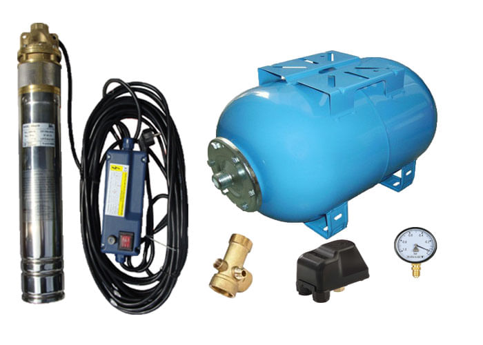 Kit complet sistem hidrofor, pompa submersibila APC SKM 150/24, rezervor 24L, presostat, racord 5 cai, manometru