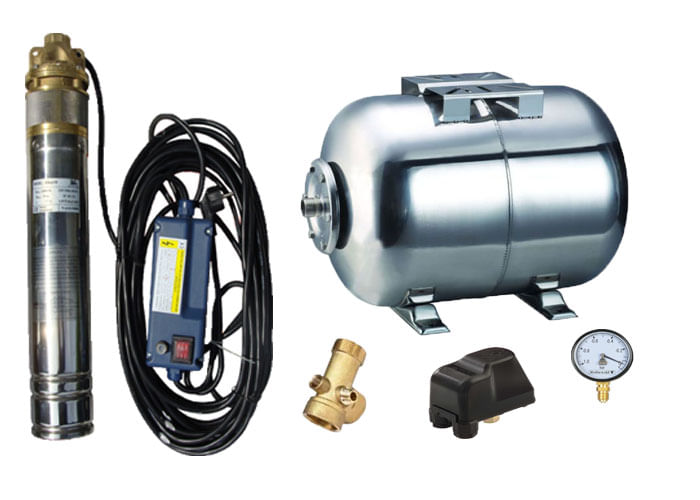 Kit complet sistem hidrofor, pompa submersibila APC SKM 200/24, rezervor 24L, presostat, racord 5 cai, manometru — imaginea 2