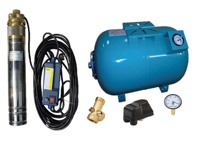 Kit complet sistem hidrofor, pompa submersibila APC SKM 200/100, rezervor 100L cu manometru, presostat, racord 5 cai, manometru — imaginea 3