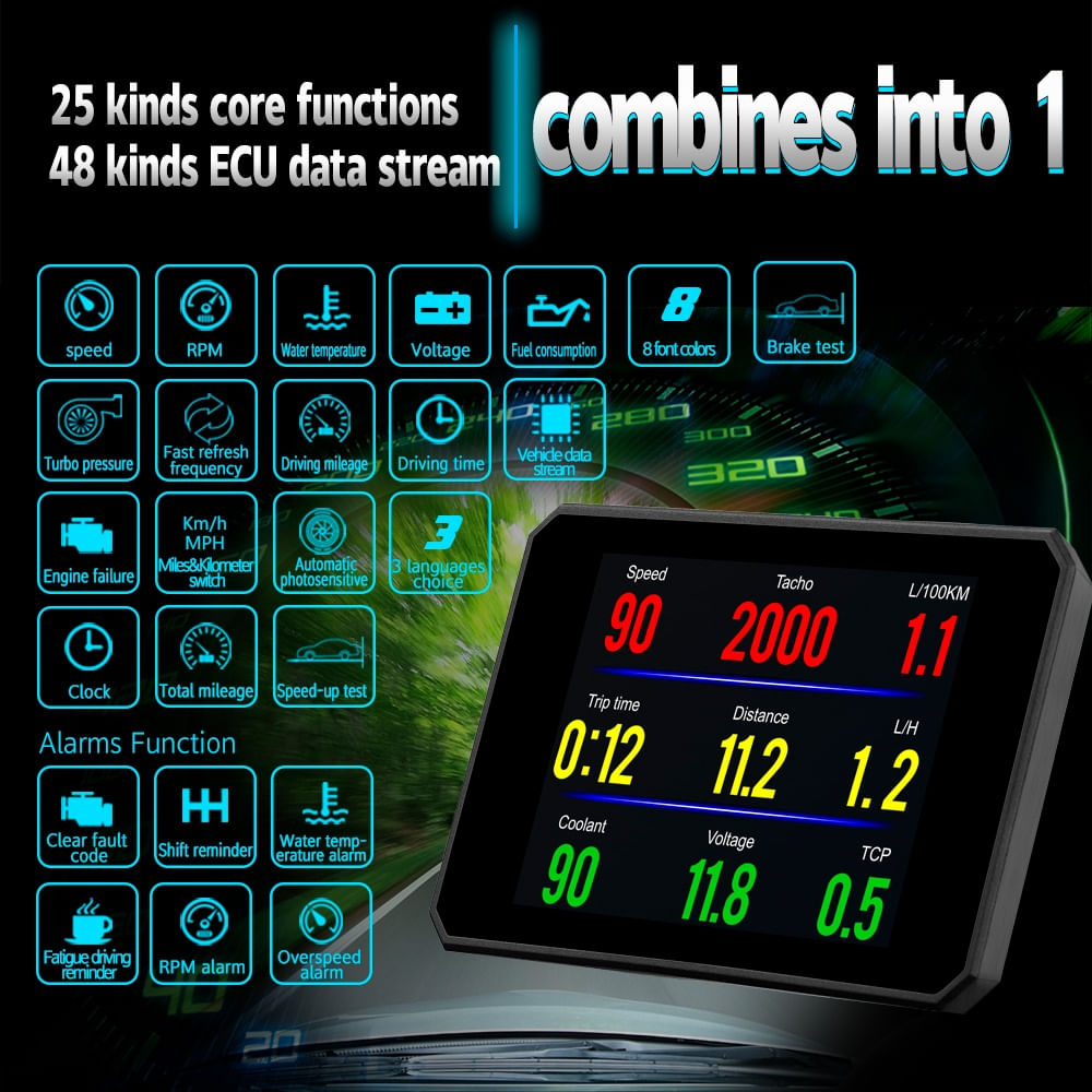 Sistem Monitor Auto Techstar P16 OBD2 HUD, Afisaj Head-Up Display pentru Monitorizare Viteza, RPM si Performanta Auto - 4 | YEO