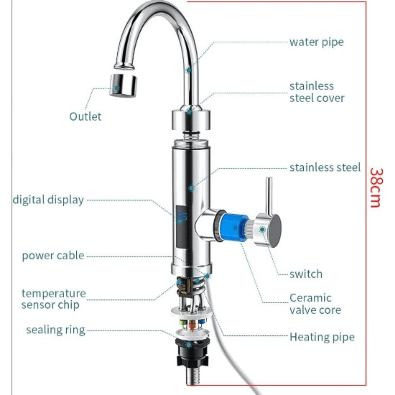 Robinet Electric Instant, Adsinio, Afisaj LED, 3000 W, Apa calda 30°C-60°C, Inox — imaginea 2