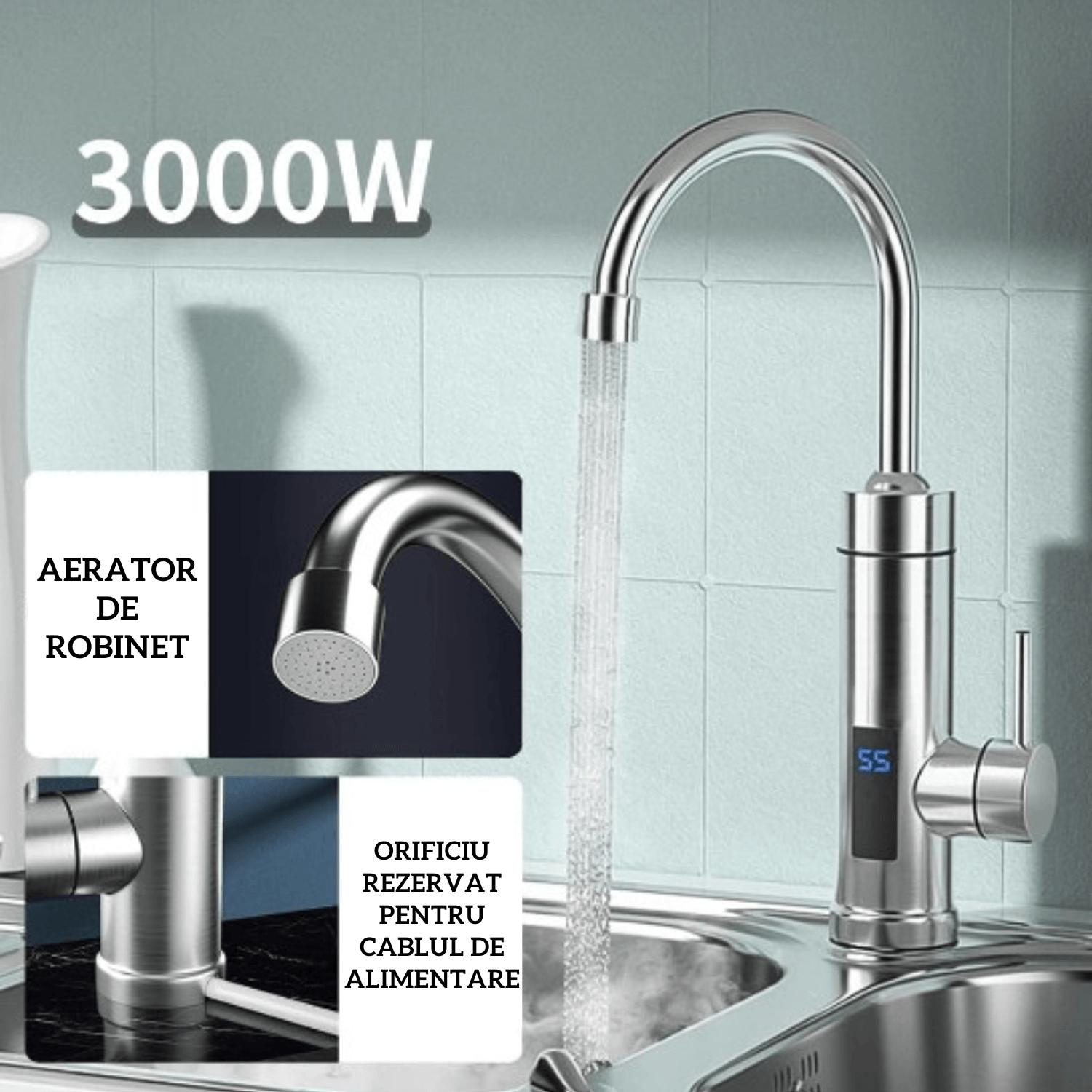 Robinet Electric Instant, Adsinio, Afisaj LED, 3000 W, Apa calda 30°C-60°C, Inox — imaginea 4