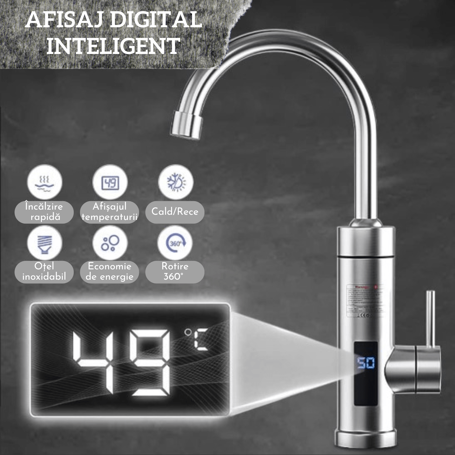 Robinet Electric Instant, Adsinio, Afisaj LED, 3000 W, Apa calda 30°C-60°C, Inox — imaginea 5
