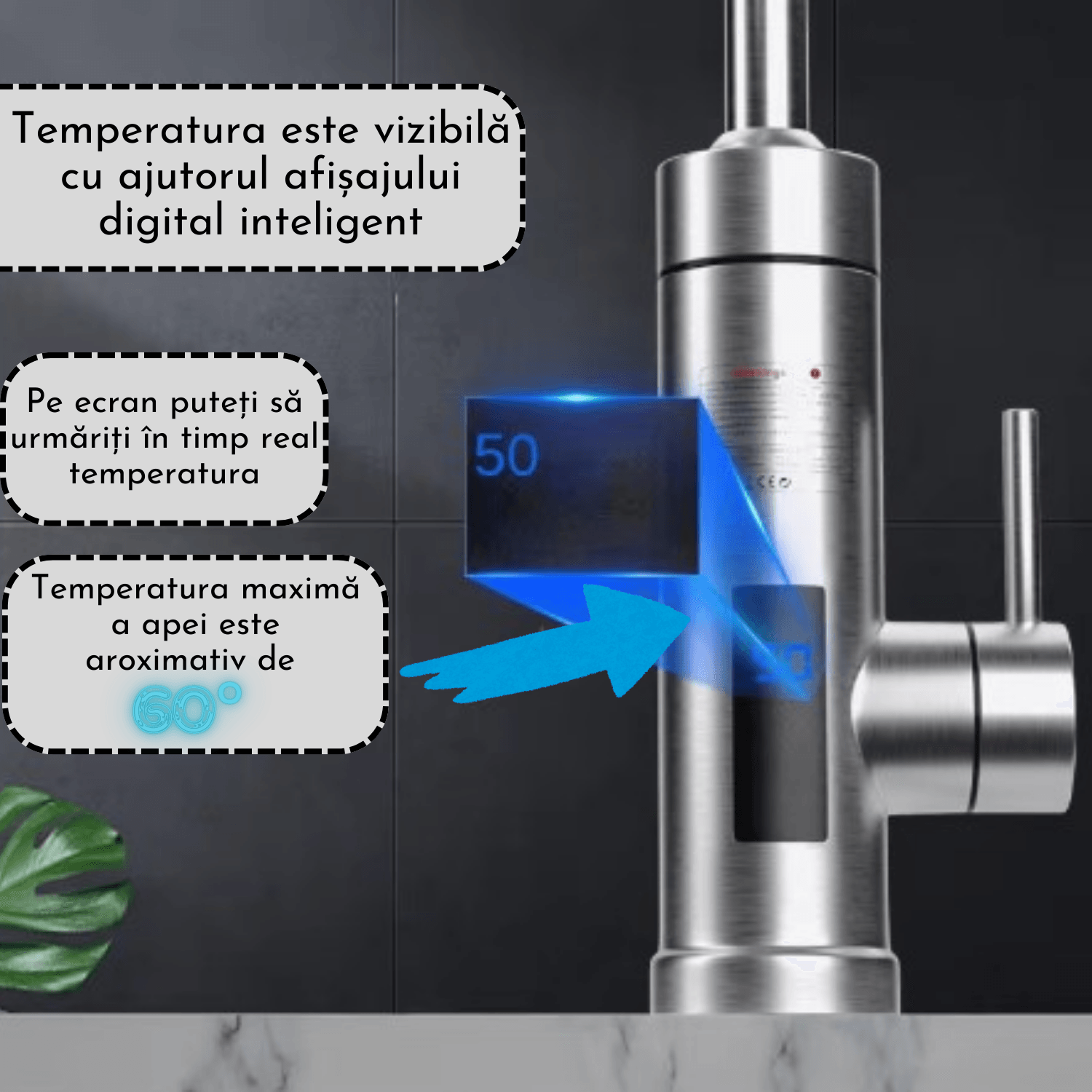 Robinet Electric Instant, Adsinio, Afisaj LED, 3000 W, Apa calda 30°C-60°C, Inox — imaginea 6