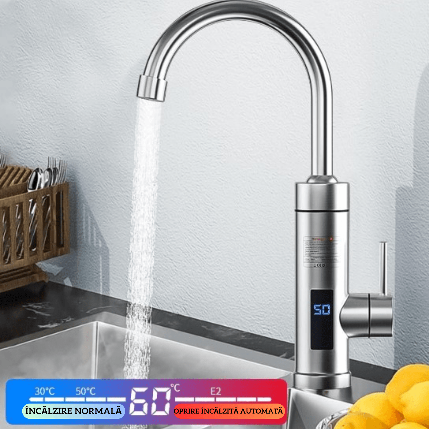 Robinet Electric Instant, Adsinio, Afisaj LED, 3000 W, Apa calda 30°C-60°C, Inox — imaginea 7