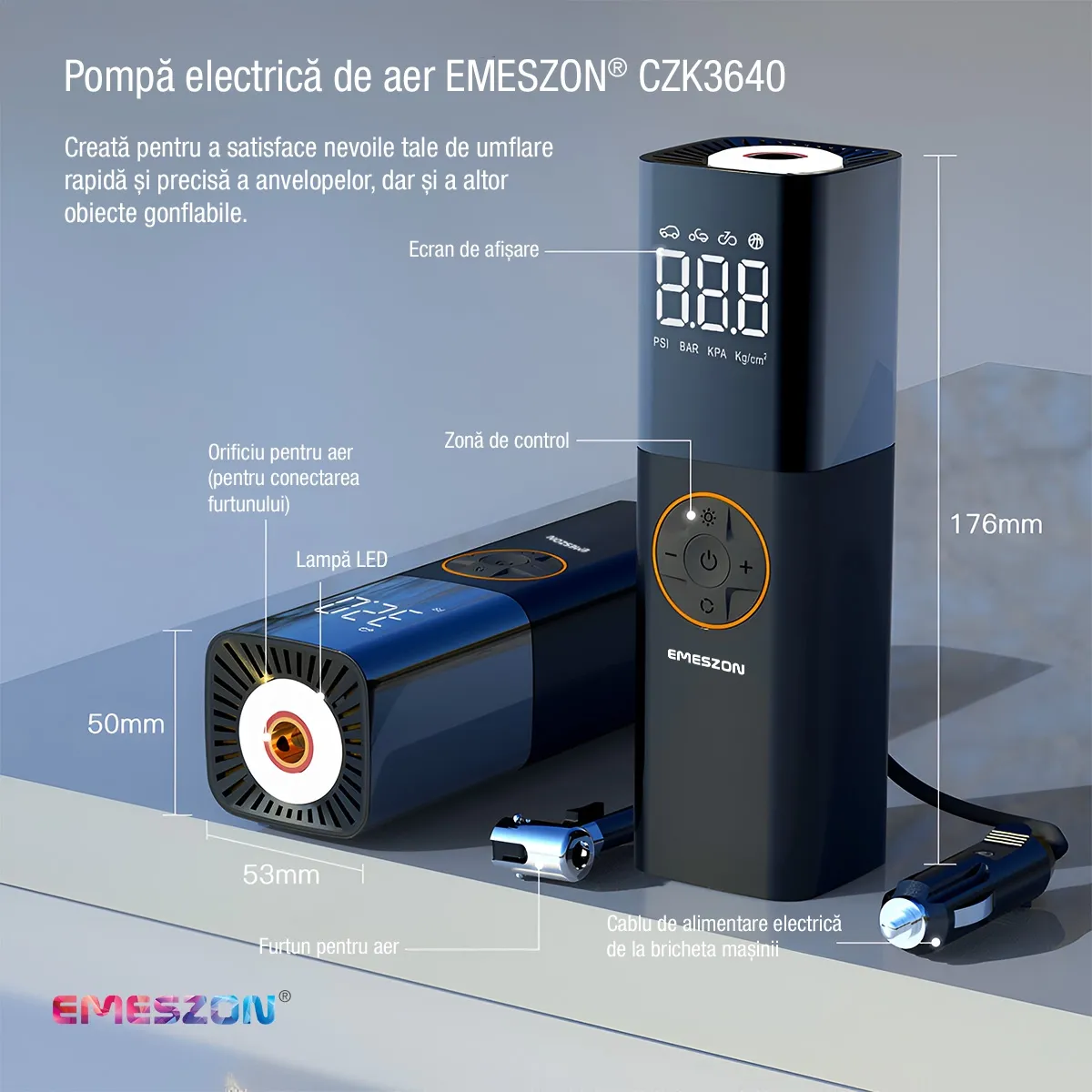 Compresor Auto aer EMESZON® CZK3640, Lampa LED, 12V, 70W, 120psi, Pompa aer umflat Anvelope, Roti, Mingii, Colace, Negru