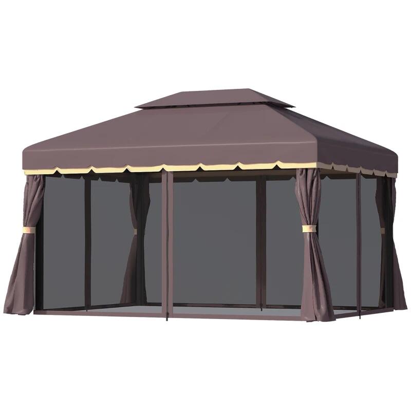 Pavilion/foisor pentru gradina/terasa, cadru aluminiu, cu plasa pentru insecte, cafeniu, 3.90x2.90x2.80 m — imaginea 3