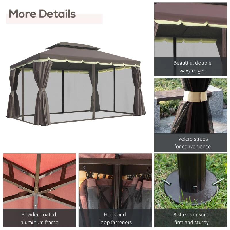 Pavilion/foisor pentru gradina/terasa, cadru aluminiu, cu plasa pentru insecte, cafeniu, 3.90x2.90x2.80 m — imaginea 7