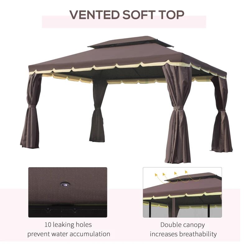 Pavilion/foisor pentru gradina/terasa, cadru aluminiu, cu plasa pentru insecte, cafeniu, 3.90x2.90x2.80 m — imaginea 8