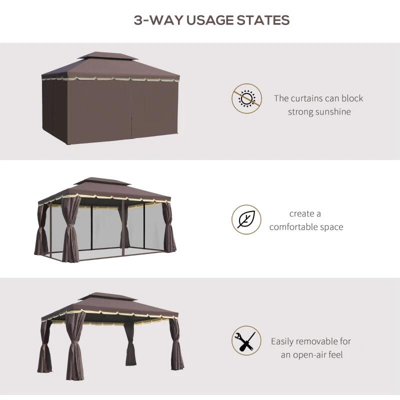 Pavilion/foisor pentru gradina/terasa, cadru aluminiu, cu plasa pentru insecte, cafeniu, 3.90x2.90x2.80 m — imaginea 9