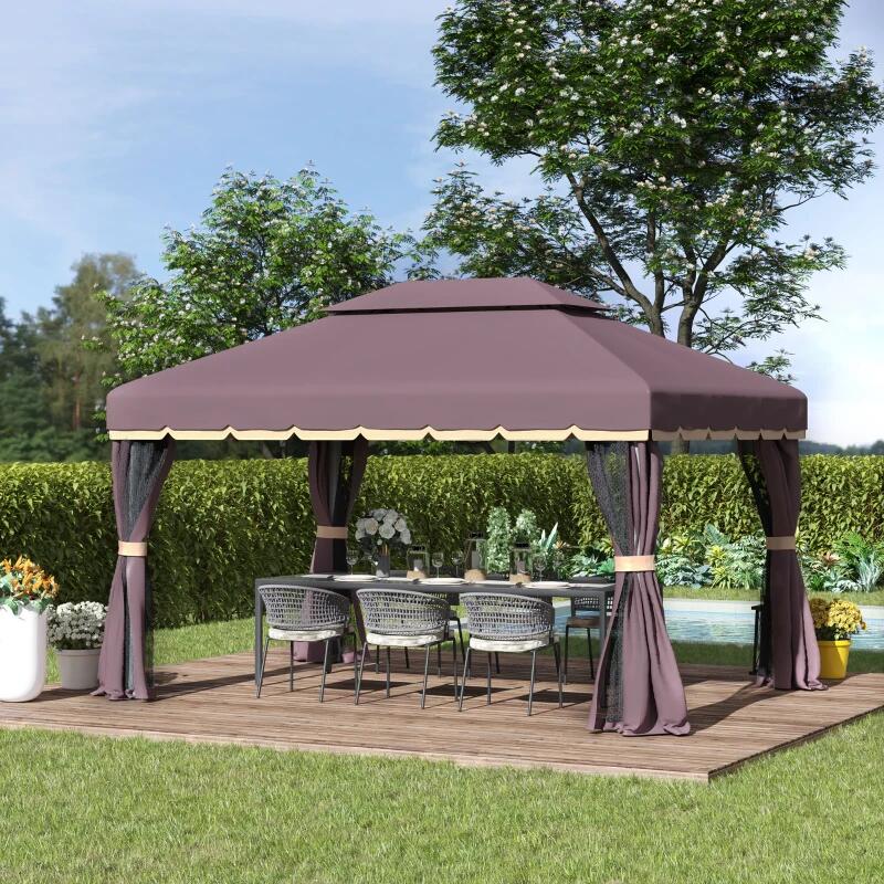 Pavilion/foisor pentru gradina/terasa, cadru aluminiu, cu plasa pentru insecte, cafeniu, 3.90x2.90x2.80 m — imaginea 13