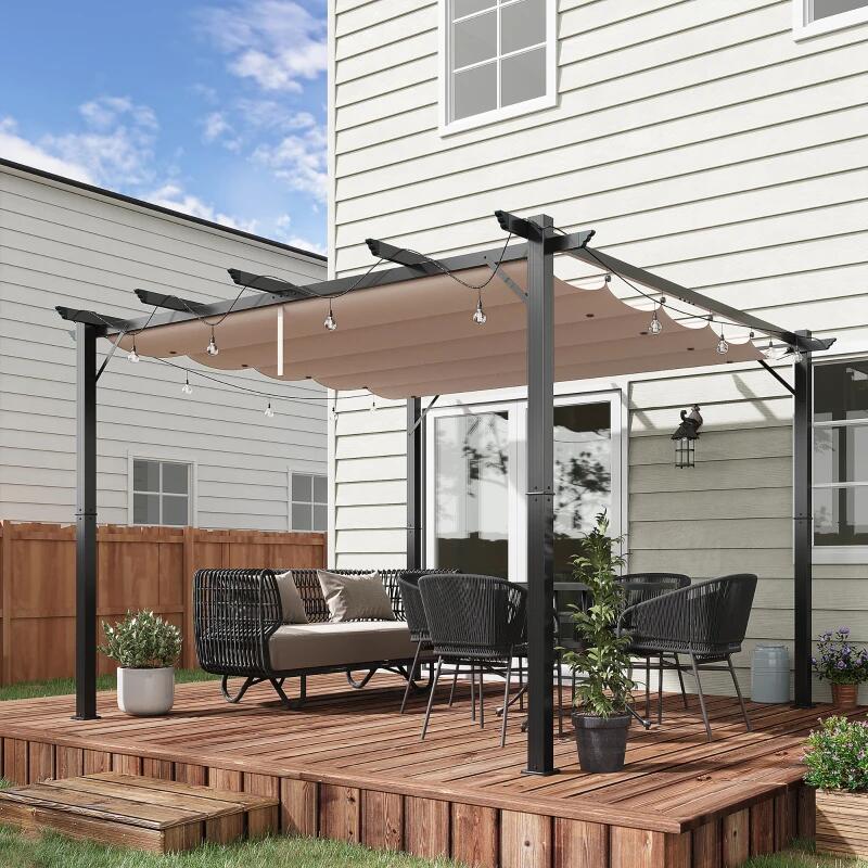 Pergola pentru gradina/terasa, retractabila, cadru aluminiu, gri si maro, 3x3x2.23 m — imaginea 9