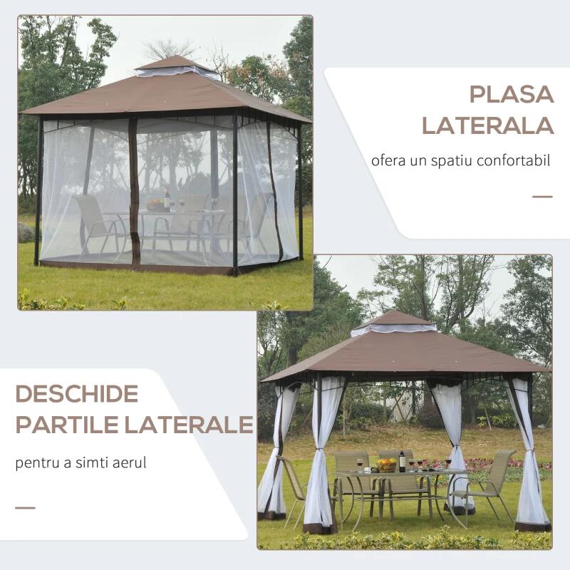 Pavilion/foisor pentru gradina/terasa, cadru metalic, cu plasa pentru insecte, maro si alb, 2.95x2.95x2.7 m — imaginea 2